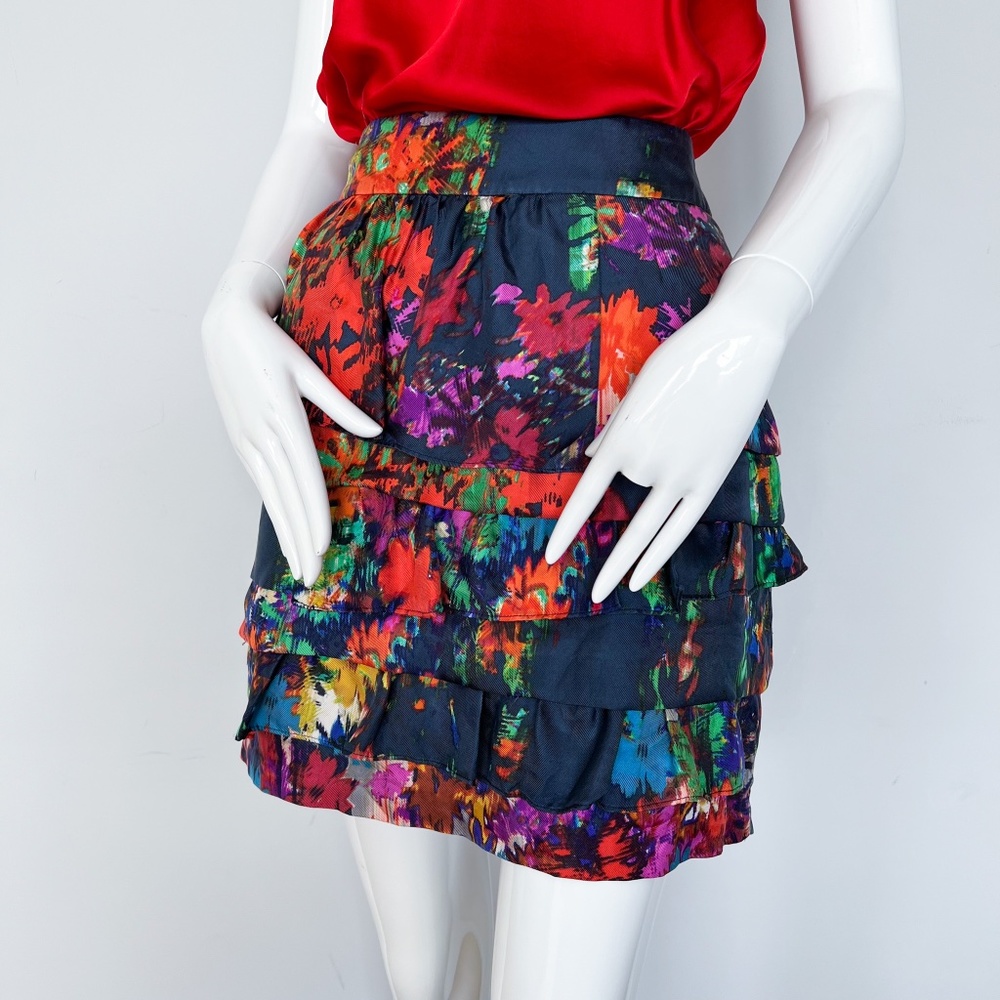 Leifsdottir Silk Ruffled Straight Mini Skirt Floral Multicolor Blue Orange 4